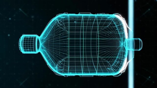 Futuristic 3D representation of a digital bottle with glowing blue lines and grid patterns on a dark background
