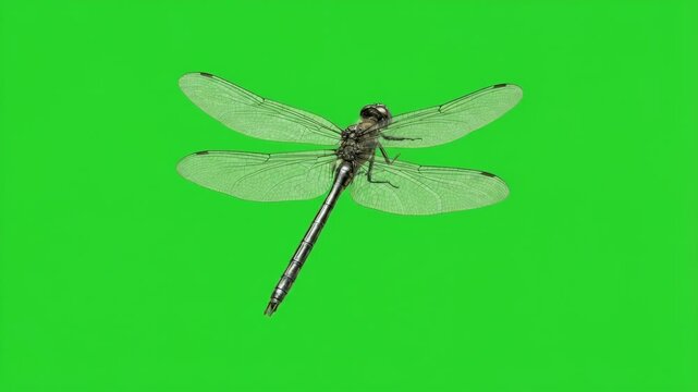 Detailed Close-up of a Dragonfly with Intricate Wing Veins Against a Vibrant Green Background, Realistic Dragonfly Macro Photography