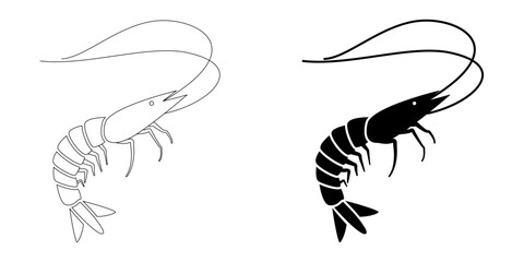 Set of shrimp prawn seafood icons with outline and solid silhouette style isolated on transparent background