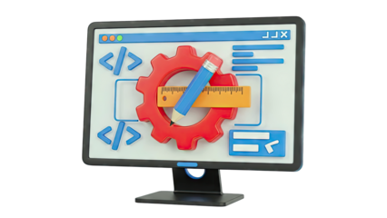 3D Computer Screen Showing Coding and Design Elements
