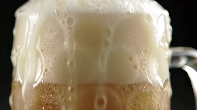Close-up of a refreshing beer mug overflowing with creamy, frothy beer, a perfect treat