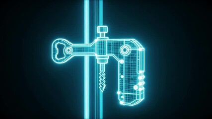 Futuristic depiction of a mechanical tool with blue digital outlines, showcasing intricate design and advanced engineering concepts