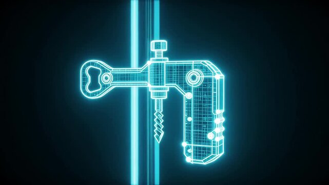 Futuristic depiction of a mechanical tool with blue digital outlines, showcasing intricate design and advanced engineering concepts