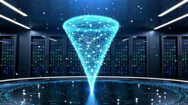 Futuristic digital network formation with glowing nodes and interconnected lines inside a dark server room