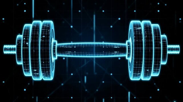 Futuristic digital representation of a weightlifting barbell over a dark background with glowing blue highlights and geometric patterns