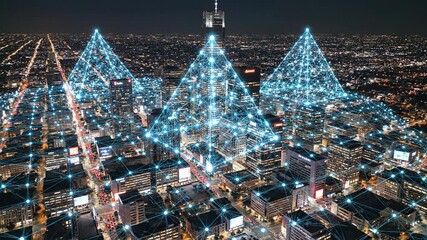 Abstract network grid overlaying cityscape at night - Powered by Adobe