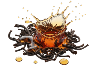Captivating Splash of Amber Tea Liquid Amidst Dark Leaves.
