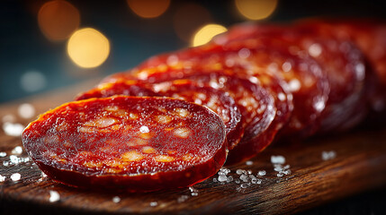 Smoked sausage slices close up on wooden board, salt crystals, warm lighting, gourmet food bokeh background.
