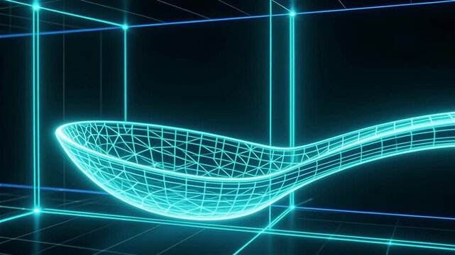 Futuristic glowing visualization of a spoon object created with digitized lines in a tech-inspired grid environment
