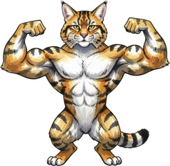 Muscular cat flexing muscles with strong body isolated on transparent background