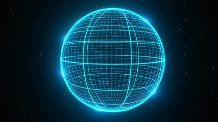 Futuristic glowing blue globe with digital grid lines rotating in dark space - Powered by Adobe