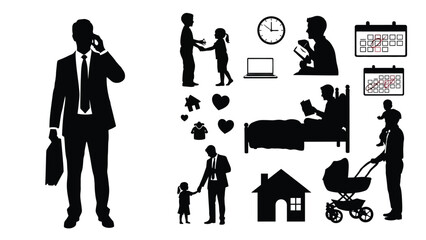 Obraz premium A busy father balancing work and family life with various silhouettes of daily activities and responsibilities with work life balance and fatherhood