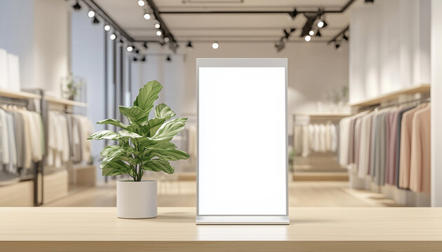 Modern digital signage at fashion store. Empty ad space mockup for product promo. Retail marketing blank banner near apparel