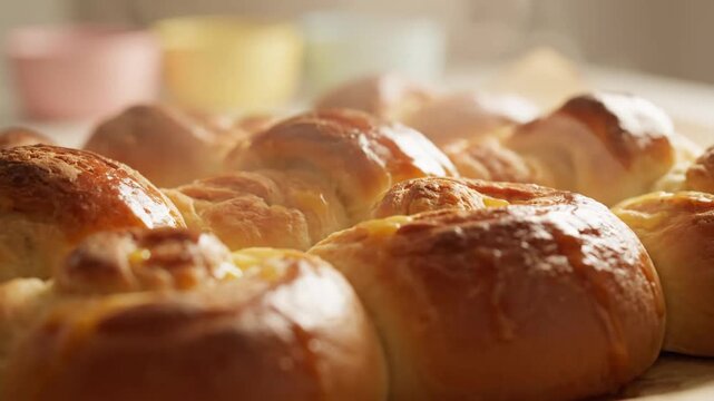 Freshly baked sweet brioche rolls resting in neat rows with faint steam rising, captured in warm light
