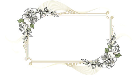Sophisticated rectangular frame decorated with white roses and green leaves accented by small white pearls on white.