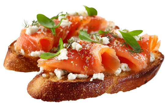 Gourmet smoked salmon bruschetta with feta and herbs isolated on transparent background