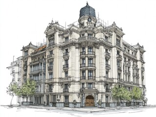 Architecture rendering of a beautiful classical building in a European city