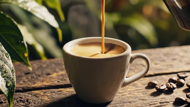 Freshly brewed espresso stream pouring into a white mug with coffee beans scattered on a rustic wooden table outdoors