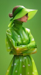 Elegant woman in green dress on monochrome background