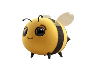 A cute and funny yellow bee cartoon 3d character is a happy nature illustration of a flying honey insect isolated on white as a vector clipart