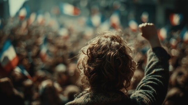 Modern Protest Scene with Raised Fist and French Flags in Crowd
