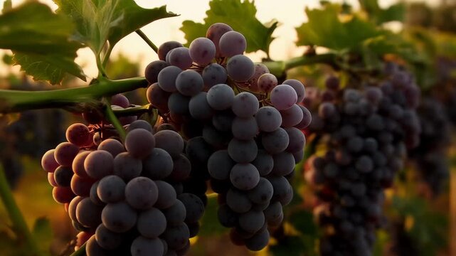 Grapes grow in vineyard during sunset in a rural area of California