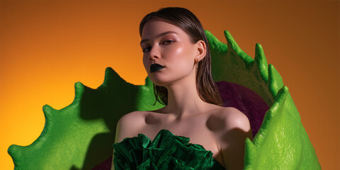 A captivating woman adorned in a Venus flytrap-inspired outfit, against an eye-catching backdrop. The artistic representation highlights her alluring presence. 