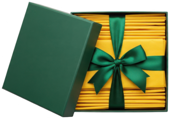 Open green gift box revealing yellow tissue paper and emerald ribbon