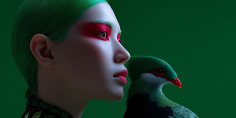 A woman with vibrant green hair and red eye makeup looks thoughtfully alongside a green bird. The photograph boasts creative makeup and artistic style. 