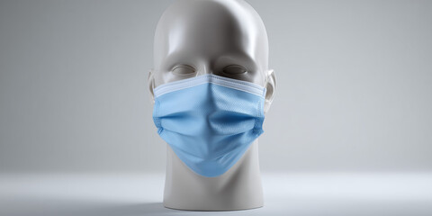 A mannequin head wearing a light blue face mask, the essential protection against viruses and diseases