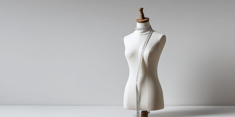 A dress form with measuring tape and wooden stand, against a plain background. It's used by fashion designers to fit garments.
