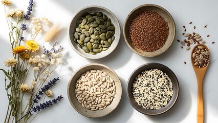 A closeup of a variety of organic spices and healthy herbs in wooden spoons with dry pepper grains and seasoning seeds isolated on a white background for cooking and nutrition