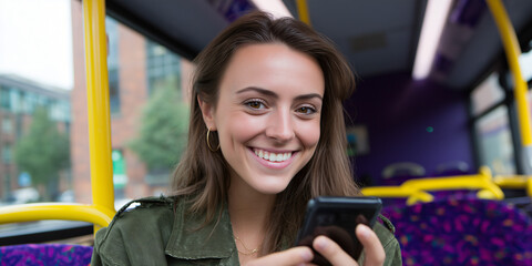A young woman inside a bus smiling while looking at her phone