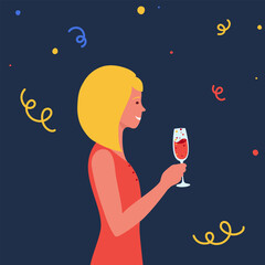 Happy holiday. A young woman is celebrating with a glass in her hand.