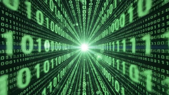 Digital stream of binary code data flowing into bright light
