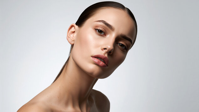 Close-up studio portrait of a young woman with slicked hair and glowing skin on a neutral background.