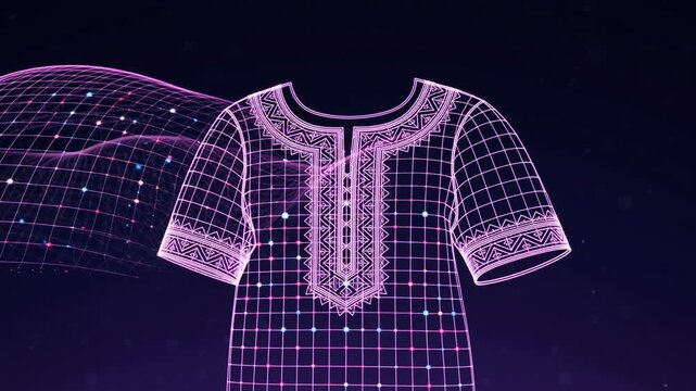 Abstract representation of a glowing shirt with a digital grid pattern and vibrant colors against a dark background