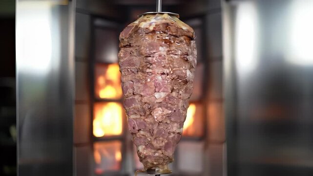 Delicious rotating meat shawarma cooking on a vertical spit in a restaurant.