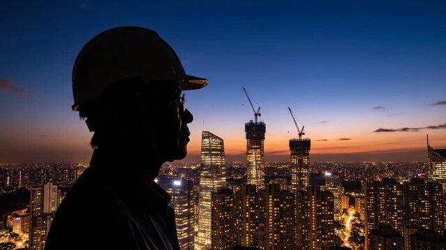 Construction worker silhouette observing city skyline at sunset with cranes