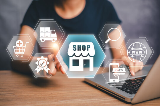 Person using laptop with digital icons representing online shopping and e-commerce solutions. - Powered by Adobe