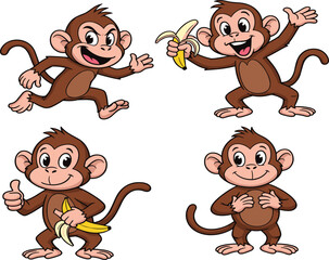 Set of cute cartoon monkey characters in different poses, happy primates holding bananas and waving, isolated vector illustration for kids © Rina