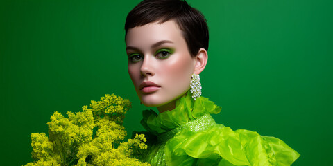 Elegant model with stunning eye makeup and a bright, nature-inspired style