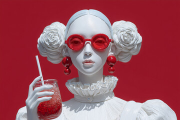 A stylish figure of a lady holding a glass with a straw, accessorized with bold red glasses and earrings