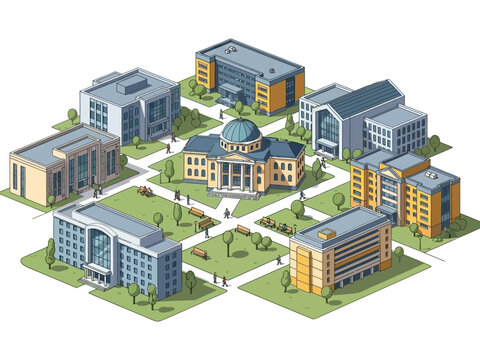 Isometric illustration of a university campus with various buildings and green spaces