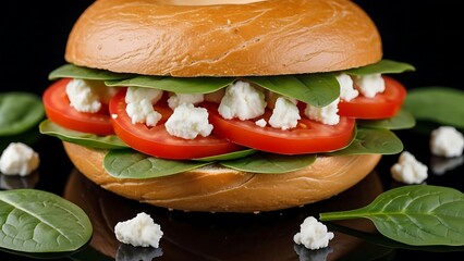 A delicious ham and cheese sandwich with fresh lettuce, tomato, and cucumber on ciabatta bread served as a healthy snack or lunch meal on a rustic wooden board