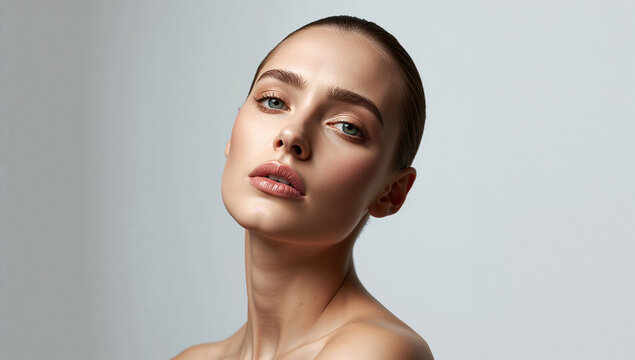 Close-up portrait of female model with bare shoulders and natural makeup against a gray studio background.