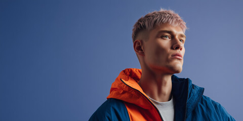 A portrait of a confident man with stylish pink hair, gazing thoughtfully towards the side. He's wearing a vibrant jacket, set against a solid blue backdrop.