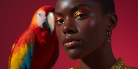 A striking portrait of a person with a vibrant parrot, set against a rich backdrop. The person's eyes meet the viewer, their skin glowing