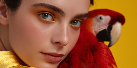 A captivating portrait of a woman with a beautiful parrot resting on her shoulder. The woman showcases a stunning makeup look and gazes directly at the viewer