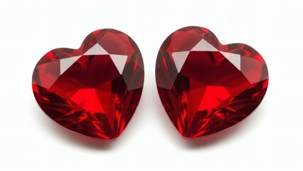 Decorative Pair of Heart-Shaped Crystal Stones with Polished Transparent Red Finish, Symmetrically Placed on Pure White Background